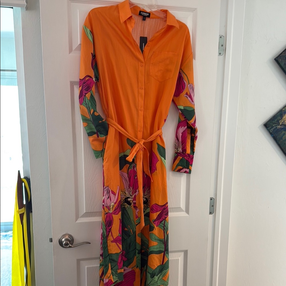Express Orange Pink Long Sleeve Wrap Dress